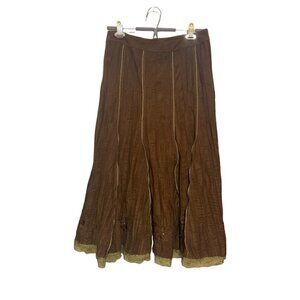 Vintage 90s Orly Brown Corduroy Maxi Skirt with Beaded Lace Hem Size 6